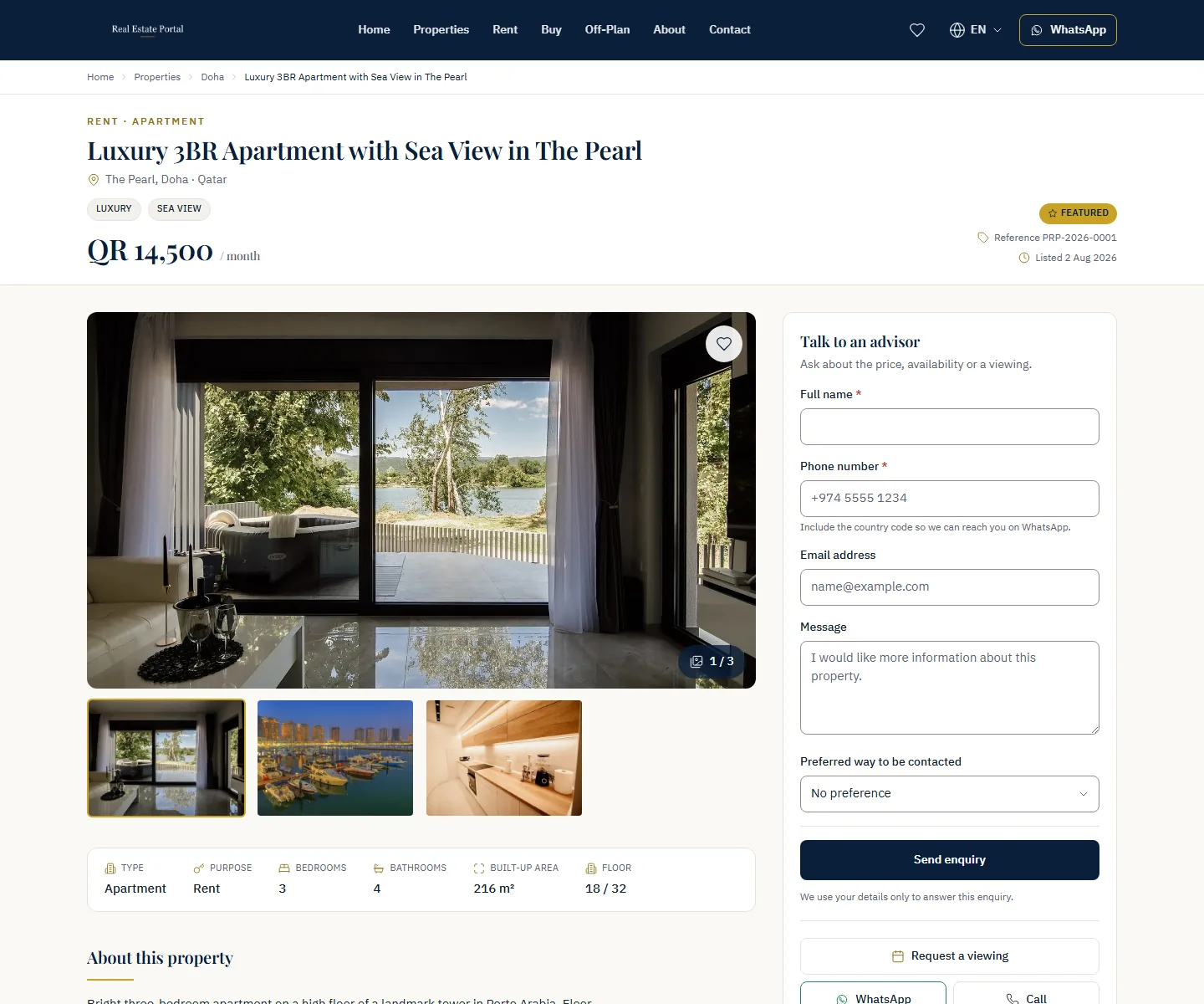 Property detail page with the title, price and reference above the gallery, and a sticky enquiry panel on the right.
